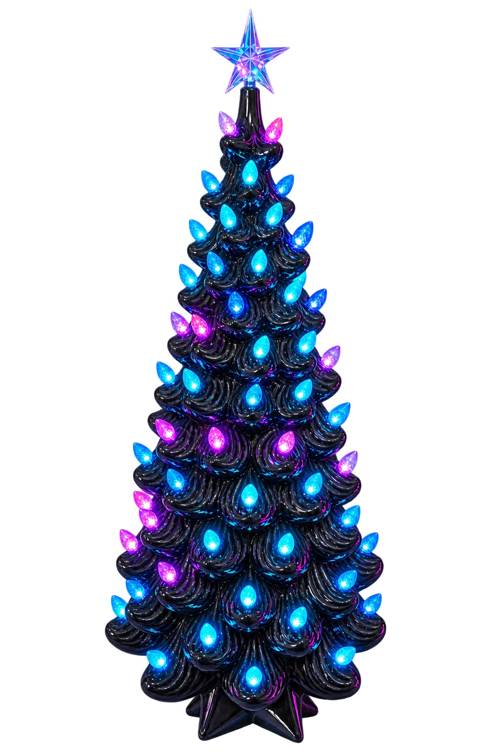 Black ceramic Christmas tree lit in blue and magenta with a lit star topper
