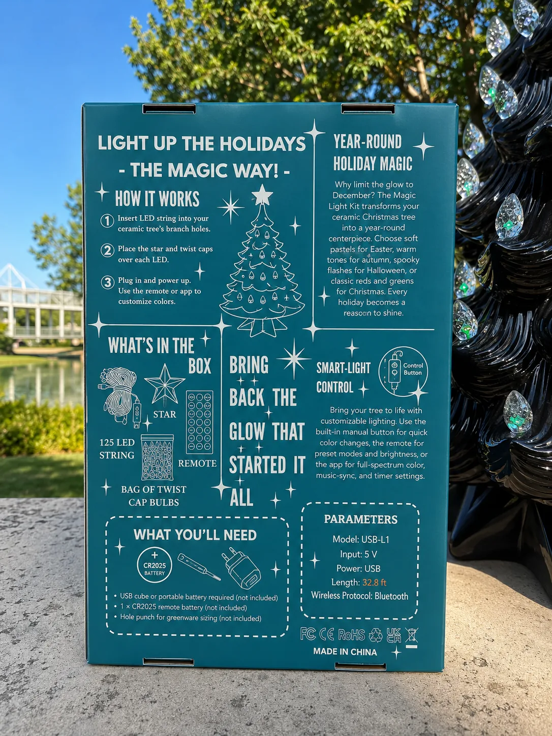 Back of the Magic Light Kit box showing instructions and parameters