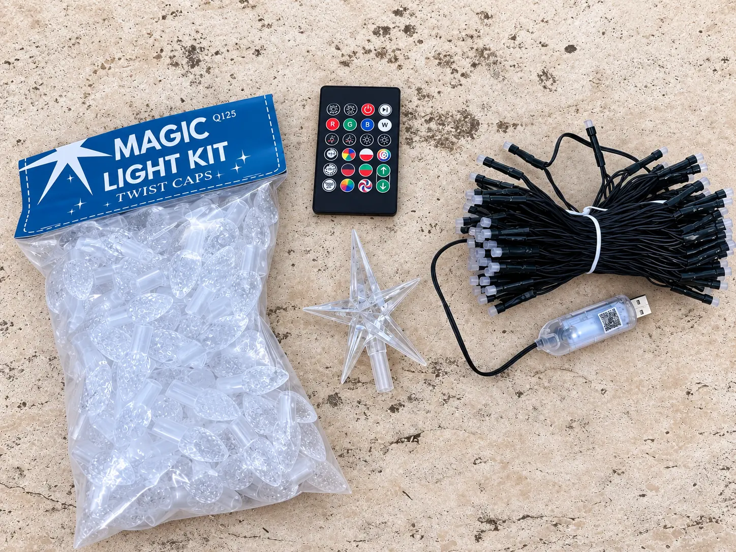 Magic Light Kit contents flat lay on stone