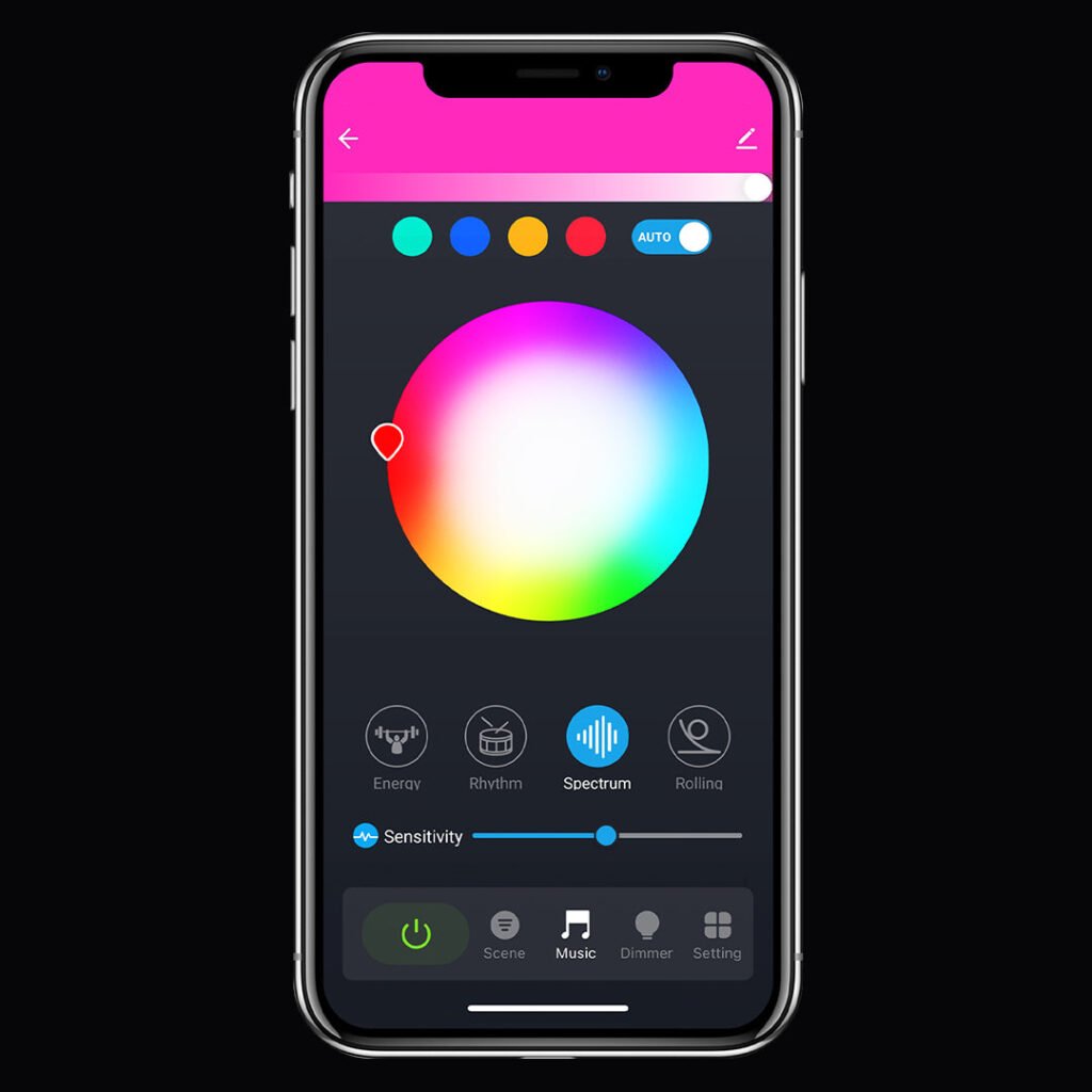 App music screen showing Energy, Rhythm, Spectrum and Rolling modes with a sensitivity slider