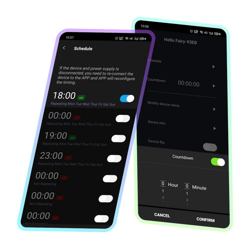 App schedule and countdown screens for turning the tree lights on and off automatically