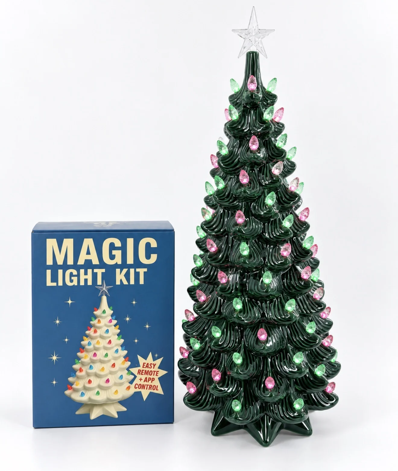 Green ceramic tree lit with pink and green bulbs and a clear star, beside the Magic Light Kit box